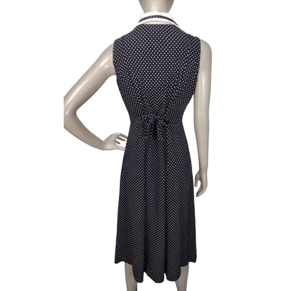 Vintage 80s 90s Black White Swiss Dot Button-Down Tie-Back Midi Dress S/M - Picture 5 of 11